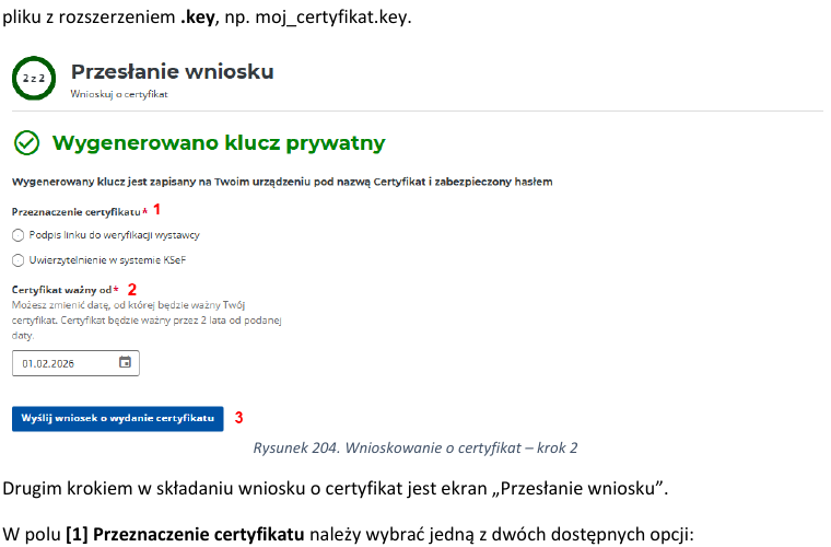 Oficjalny ekran przesłania wniosku o certyfikat z wyborem przeznaczenia