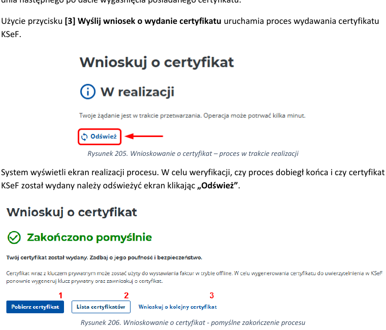 Oficjalny ekran zakończenia wnioskowania i przycisk Pobierz certyfikat